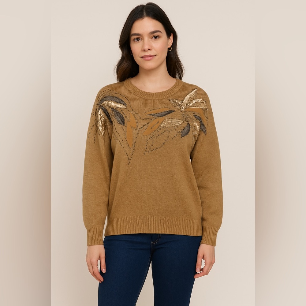 Victoria Harbour Vintage gold metallic embellished beading medium sweater